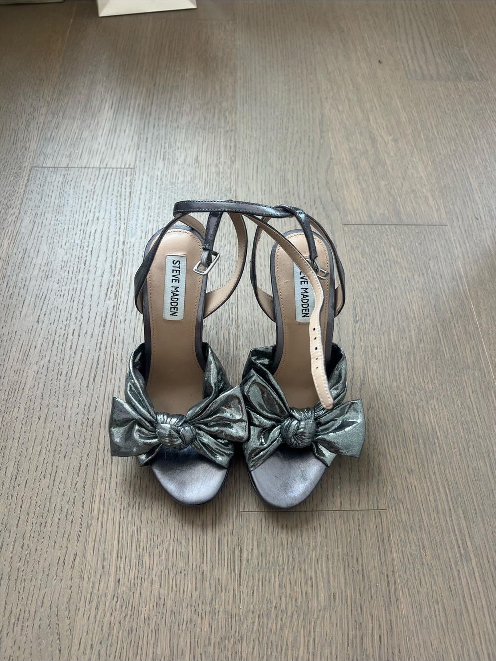 Steve Madden Gunmetal Metallic Silver Knotted Bow Ankle-Strap Heels